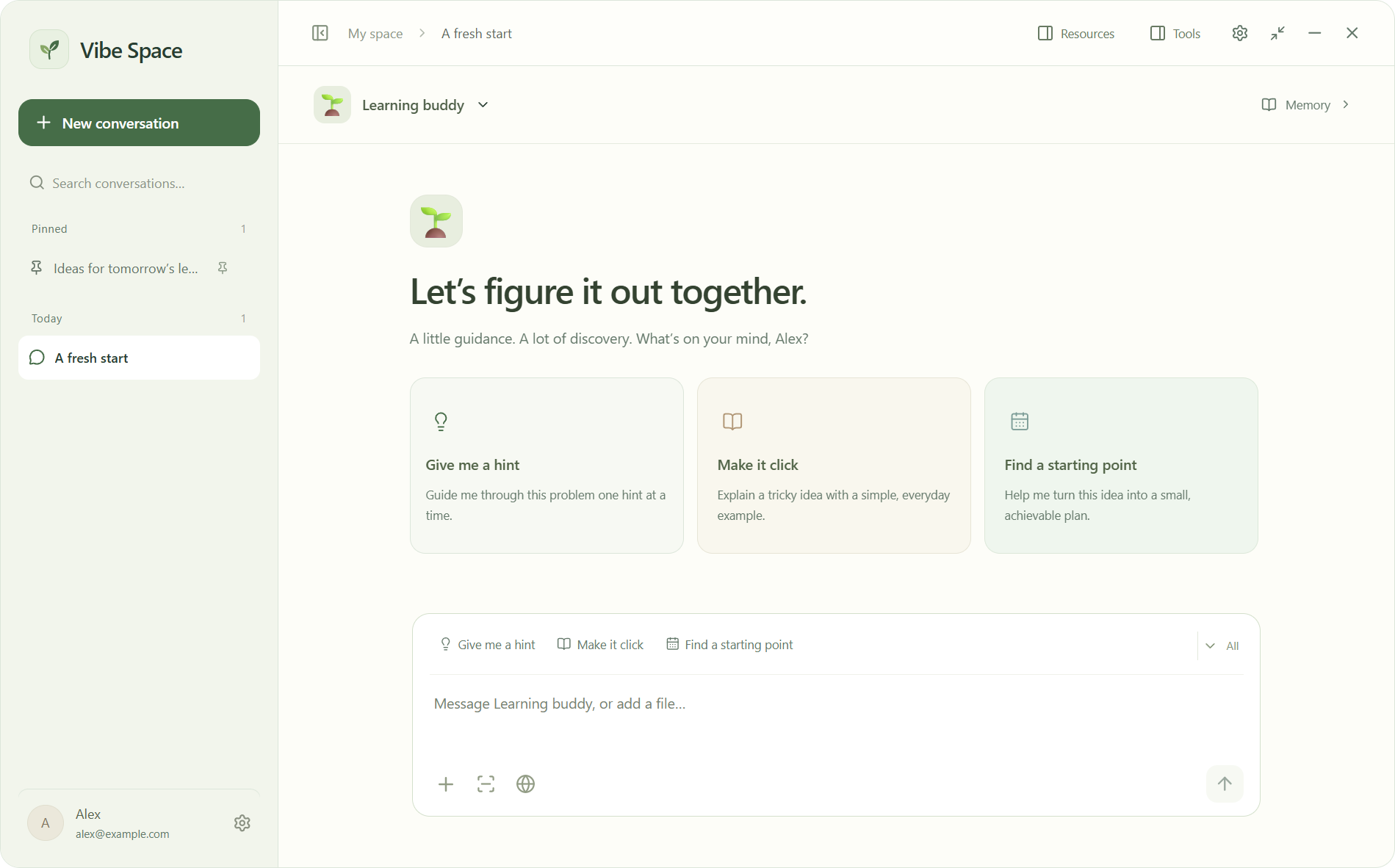 The Vibe Space desktop app: conversations on the left, a Learning buddy assistant, quick functions and a message composer.